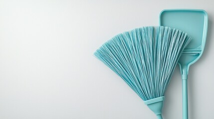 A blue and white cleaning brush is shown with a blue and white dustpan