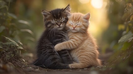 Two adorable kittens cuddling in a sunlit forest.