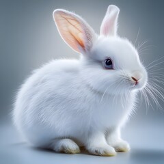 Fototapeta premium Fluffy White Rabbit Sitting Gracefully in a Well-Lit Studio Against a Soft Background