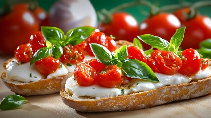 Bruschetta with Fresh Cherry Tomatoes and Basil Garnish on a Rustic Wooden Table
