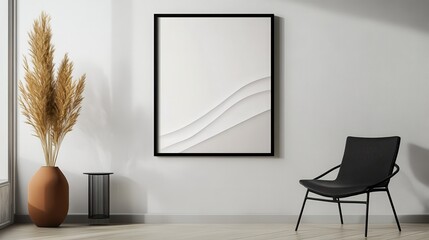 A minimalist wall art mockup featuring a sleek black frame hanging in a modern, clean living room setting, minimalistic, home decor, clean illustration