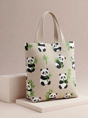 a contemporary tote bag printed with a little pandas eating bamboo shoots pattern