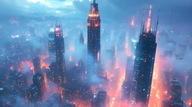 Futuristic glowing megacity with towering skyscrapers tethered by energy cables