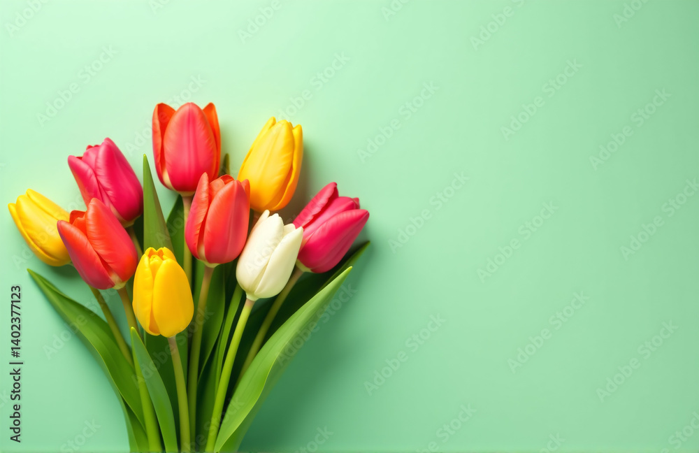 Aufkleber Vertical Top View Of A Colorful Tulip Bouquet On A Light Green Background With Plenty Of Empty Space Around It.