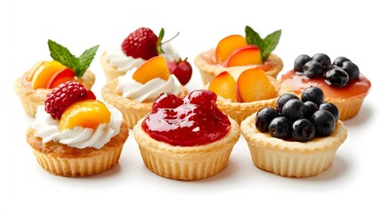 Assortment of Colorful Fruit Tarts with Cream and Fresh Berries on White Background