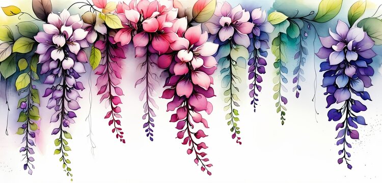Ilustraci&oacute;n de flores colgantes en colore purpura sobre fondo blanco