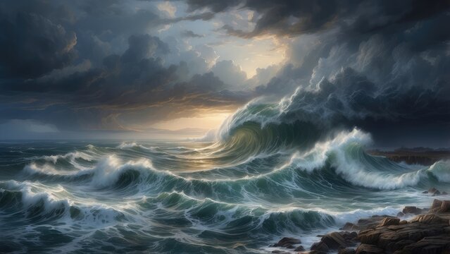 "Fiery Clouds and a Stormy Sky Above the Dark Ocean"