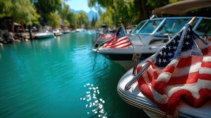 Obraz premium Memorial Day boat parade with flags, reflection, ship, transportation, fisherman