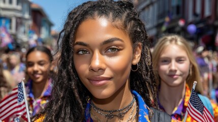 Schoolchildren carrying flags in parade, hair, together, african american, teenager