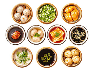 Dim Sum Variety Platter: A delectable collection of various dim sum dishes, including dumplings, buns, and savory sauces, arranged in a visually appealing grid.