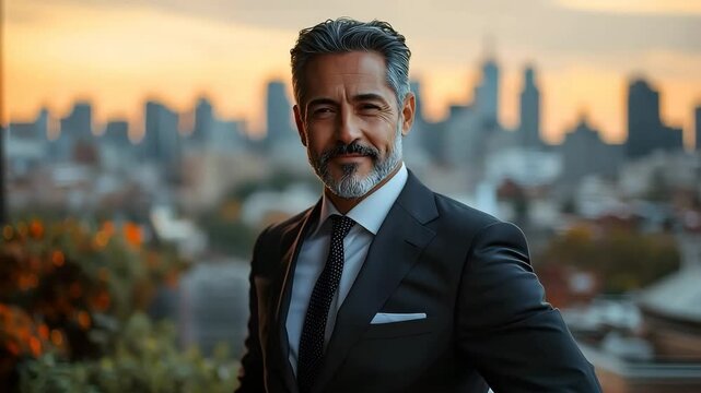 Confident businessman adjusting cufflinks in front of city skyline