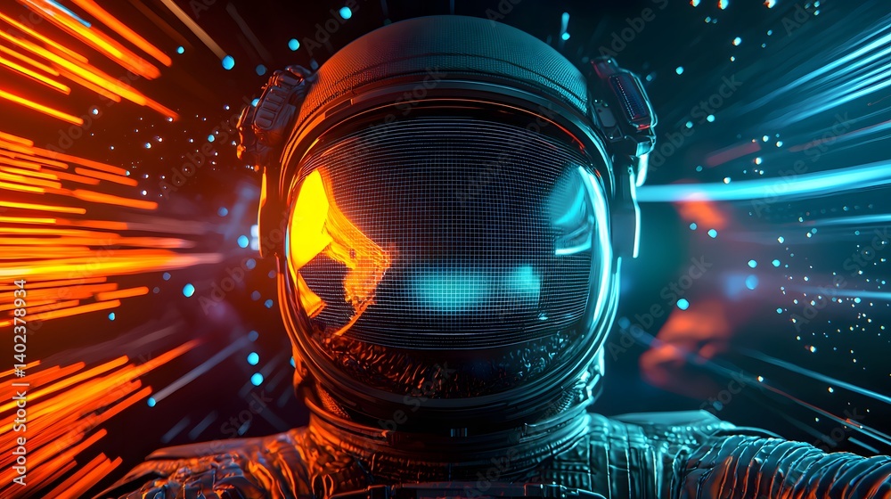 Wall mural futuristic astronaut in neon space with dynamic light patterns and cosmic background