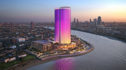 Fototapeta premium London's Illuminated Riverside Tower: A Stunning Architectural Marvel
