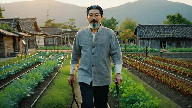 Mature farmer with gardening tools tending crops in a traditional vegetable garden at sunrise in the countryside.