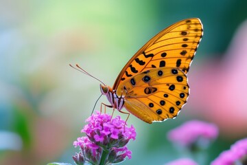 Obraz premium A beautiful orange butterfly perched on a vibrant purple flower