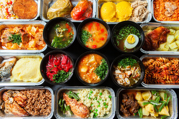 Business lunch in eco plastic container ready for delivery.Top view. Office Lunch boxes with food ready to go. Food takes away. Catering, brakfast.