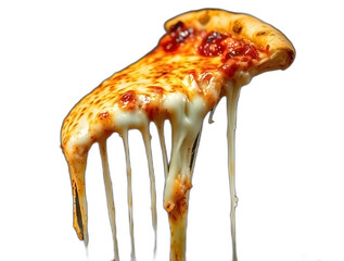 Gooey Mozzarella Pizza Slice with Dramatic Cheese Pull on Transparent Background