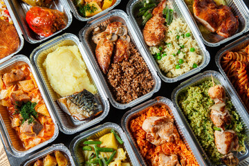 Business lunch in eco plastic container ready for delivery.Top view. Office Lunch boxes with food ready to go. Food takes away. Catering, brakfast.