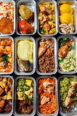 Business lunch in eco plastic container ready for delivery.Top view. Office Lunch boxes with food ready to go. Food takes away. Catering, brakfast.