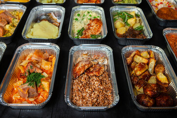 Business lunch in eco plastic container ready for delivery.Top view. Office Lunch boxes with food ready to go. Food takes away. Catering, brakfast.