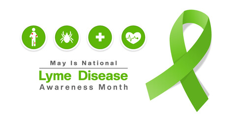 May is Lyme Disease Awareness Month. People, bug, plus icon, heartbeat and ribbon. Great for posters, banners, social media and more. White background.