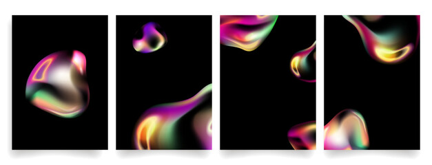 Iridescent Liquid 3D Blobs with Neon Glow poster template Set.Futuristic Holographic Organic bubbles Forms for modern posters, covers, backgrounds, digital art, visual branding. Vector illustration
