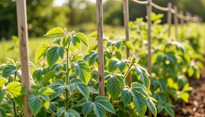 Obraz premium Lush green raspberry plants growing in sunlit garden with copy space