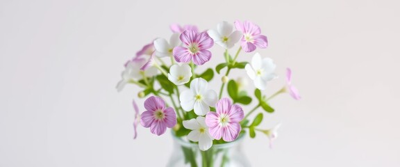 Delicate white and pink Bacopa monnieri blossoms in a simple vase, botanical herbal display, Bacopa monnieri, herb