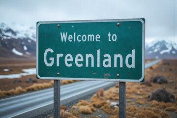 A signboard with the words 'Welcome to Greenland' by a roadside leading to scenic snow-capped mountains, vast ice sheet, towering glaciers and fjords. Concept for news, tourism on Greenland. Closeup.