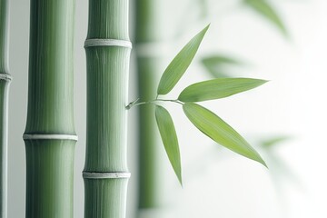 Obraz premium Close-up of bamboo stalks with slender green trunks and delicate leaves, highlighting natural textures and patterns, set against a soft white background, conveying tranquility and elegance.