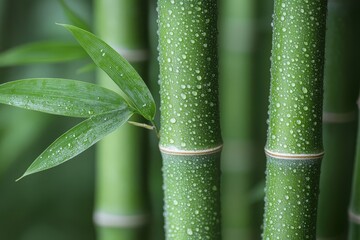 Obraz premium Close-up of bamboo stalks with slender green trunks and delicate leaves, highlighting natural textures and patterns, set against a soft white background, conveying tranquility and elegance.