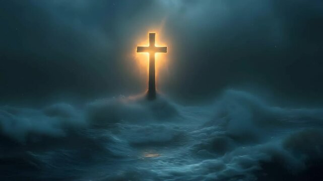 Dramatic cross shaped lighthouse shining over stormy seas