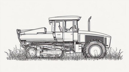 Tractor in field, sketch illustration, agriculture