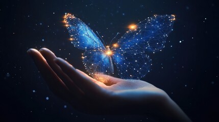 Digital Butterfly in a Hand at Night