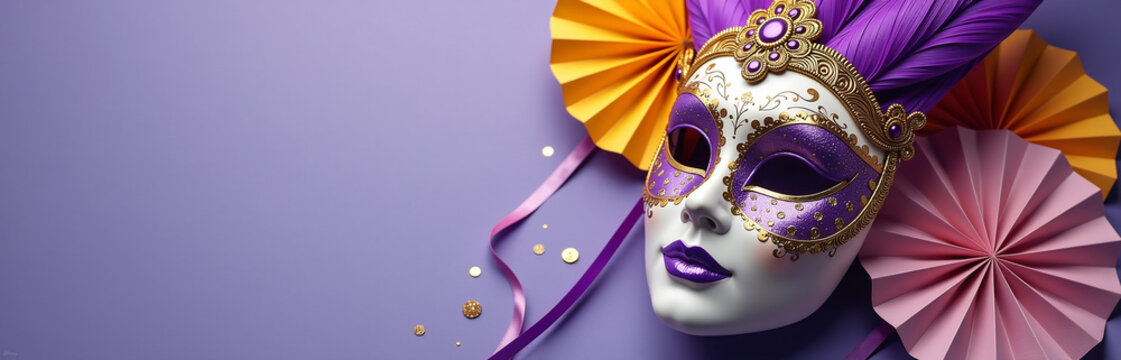 Vibrant Purple And Gold Mask Is Paired With Decorative Fans And Festive Glitter Accents In A Lively Side View Photo.