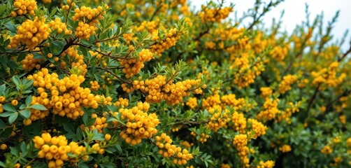 Obraz premium Low-lying sea buckthorn bush, vibrant yellow berries and blossoms, lush green foliage, healthy, plant