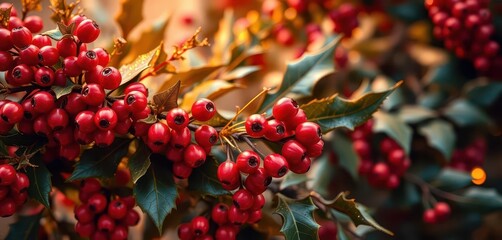 Obraz premium Luminous red berries cluster on a glistening golden holly branch, festive winter garland, bright, bough