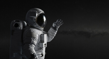Astronaut mockup in spacesuit waving hello with blank shoulder patch area national mission flag placement. For science, space-related projects, events: Yuri's Night, Space Day, Cosmonautics Day