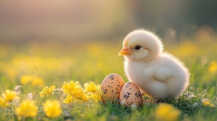 A fluffy chick sits amongst yellow flowers and eggs in a spring meadow.