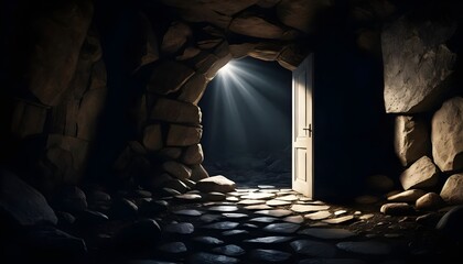 Open Door to Light in Dark Stone Cave