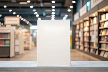 Blank vertical board mockup in a bright bookstore with blurred shelves in the background. Perfect for promotional content, book launches, or marketing displays.