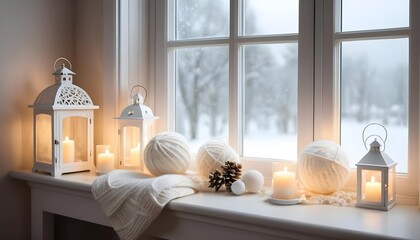 Cozy Winter Window Scene with Candles and Yarn