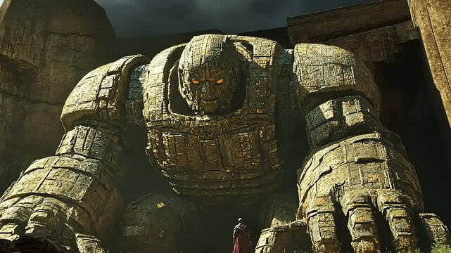 Enormous stone giant overlooks a lone figure in a mythical landscape, dramatic skies above