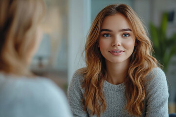 Pregnant woman getting professional consultation at prenatal clinic, sitting in medical office and talking. Pregnancy, healthcare concept, Generative AI