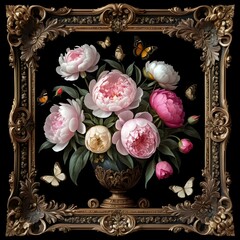 Ornate Frame Still Life with Pink Peonies and Butterflies