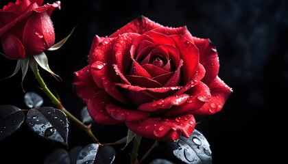 Red Rose with Dew Drops on Dark Background