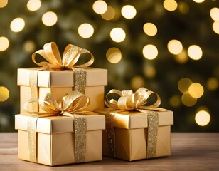 Gold Gift Boxes with Christmas Lights Background