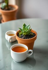 Tiny succulent in terracotta pot, beside a porcelain teacup on a tranquil table, details, interior