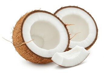 Close up of halved coconuts with a piece