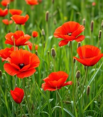 Obraz premium Vibrant red poppies bloom amidst lush green spring meadow grass, macro, opium poppy, bloom